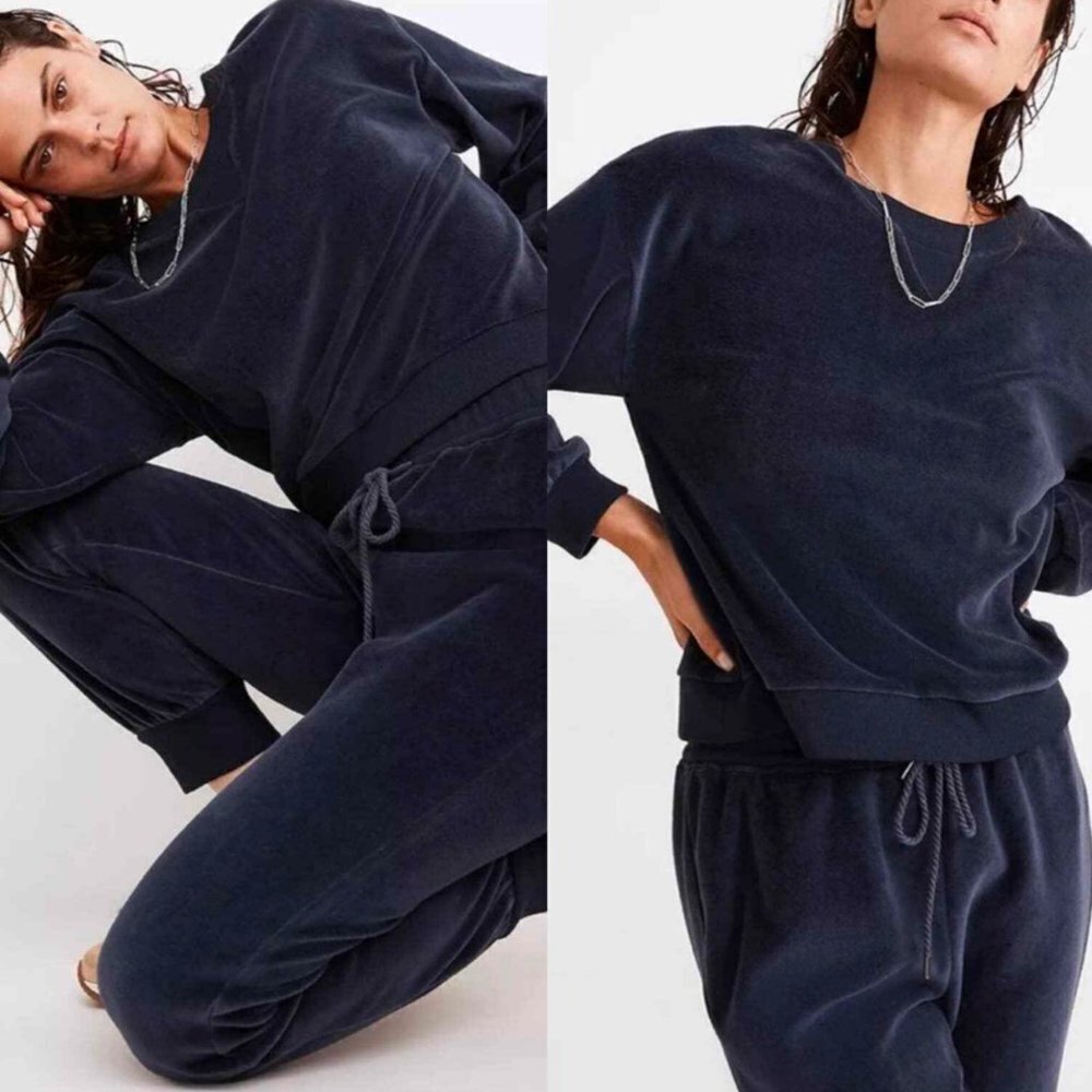☀️ MADEWELL MWL Velour Crewneck Sweatshirt Navy Blue Casual Boho Everyday XS